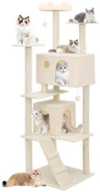 Athena Collection Cat Tree, 77 Inch Cat Tower for Indoor Cats, Multi-Level Cat Tree Tower Activity Center with 2 Cat Condo & Cat Scratching Post & Dangling Ball, Tall Cat Tree, Beige