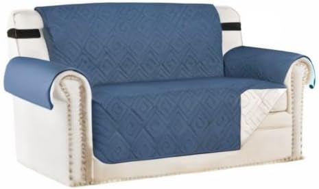 H.VERSAILTEX Reversible Loveseat Cover Furniture Protector Anti-Slip Water Resistant 2" Elastic Straps Couch Covers Pets Kids Fit Sitting Width Up to 46"(Love Seat: 75" x 90", Dark Blue/Beige)