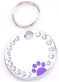 Personalized Dog/Cat Cute Paw Pet ID Tag for Pet Collar or Key Chain - Custom Laser Engraved Unique Dog/cat Name tag with Phone Number (Purple, Crystals Round-Small)