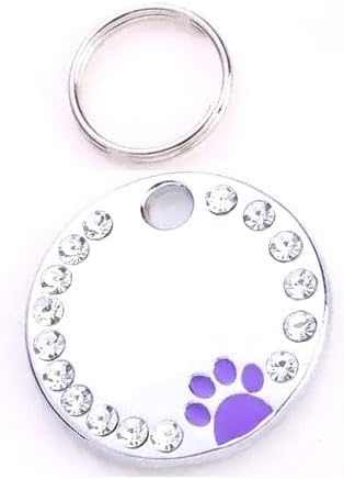 Personalized Dog/Cat Cute Paw Pet ID Tag for Pet Collar or Key Chain - Custom Laser Engraved Unique Dog/cat Name tag with Phone Number (Purple, Crystals Round-Small)