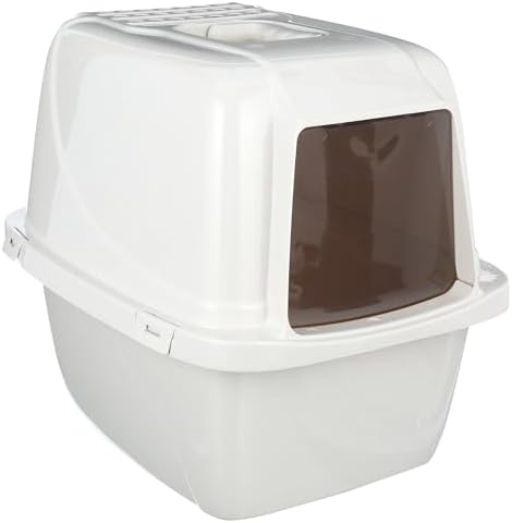 Large Enclosed Cat Litter Box with Vented Hood, Prevents Scatter and Odors, Cat & Rabbit Corner Covered Litter Box,19x14x15.5 Inches, Pearl White