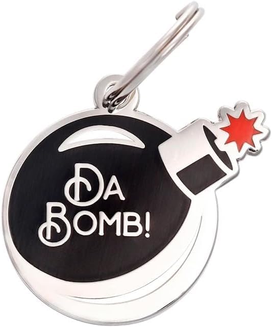 Two Tails Da Bomb Pet ID Tag, Custom Engraved Dog Name Tag, Personalized Charm for Dogs & Puppies, Durable Brass with Silver Plating, Fun Enamel Pet Accessory for Collars & Harnesses