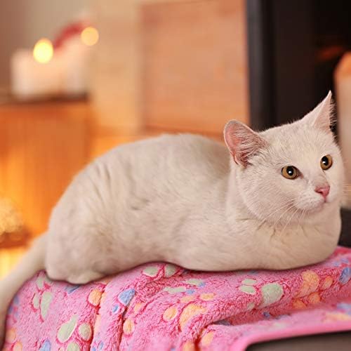 Tatuo 4 Pcs Dog Blanket for Pet Cat Blankets Indoor Puppy Teething Stuff Toys Paw Print Fleece Soft Blanket Sleep Mat for Guinea Pig Cage(White, Coffee, Pink, Purple,Small(24 x 16 Inch),Square)
