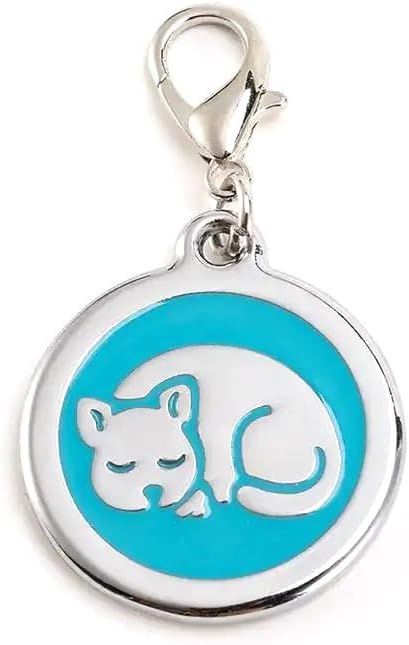 Personalized Pet ID Tags for Kittens and Cats - Custom cat Name tag and ID tag for Collar (Blue, Sleeping Cat Round-Small)