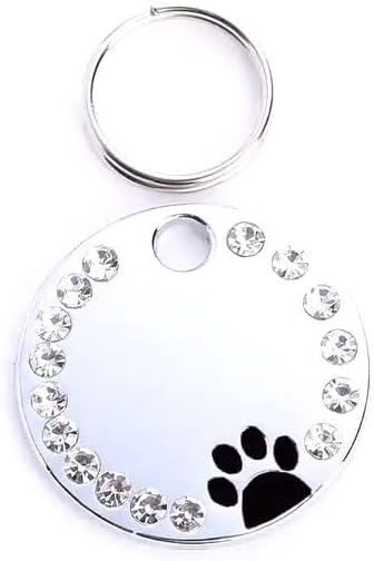 Personalized Dog/Cat Cute Paw Pet ID Tag for Pet Collar or Key Chain - Custom Laser Engraved Unique Dog/cat Name tag with Phone Number (Black, Crystals Round-Small)