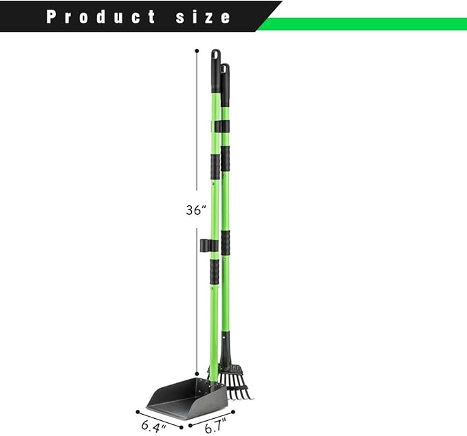 MXF Dog Pooer Scooper Set, 2 in 1 Pet Poop Scooper with Long Handle Dog Poop Picker Upper and Stainless Metal Tray & Rake for Medium & Small Dogs, Heavy Duty for Grass, Dirt, Gravel