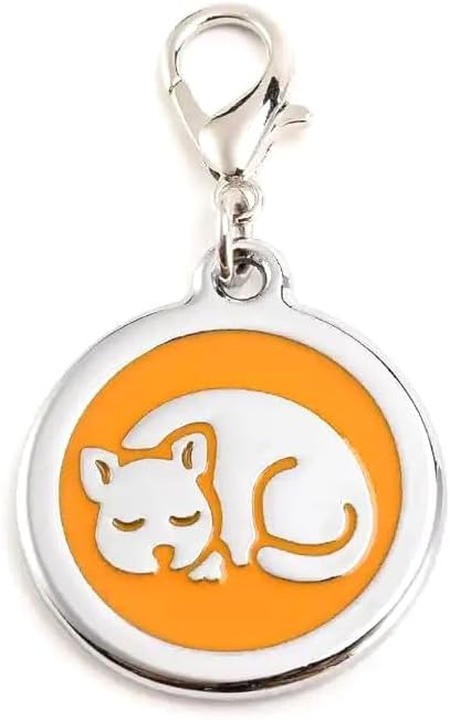 Personalized Pet ID Tags for Kittens and Cats - Custom cat Name tag and ID tag for Collar (Orange, Sleeping Cat Round-Small)