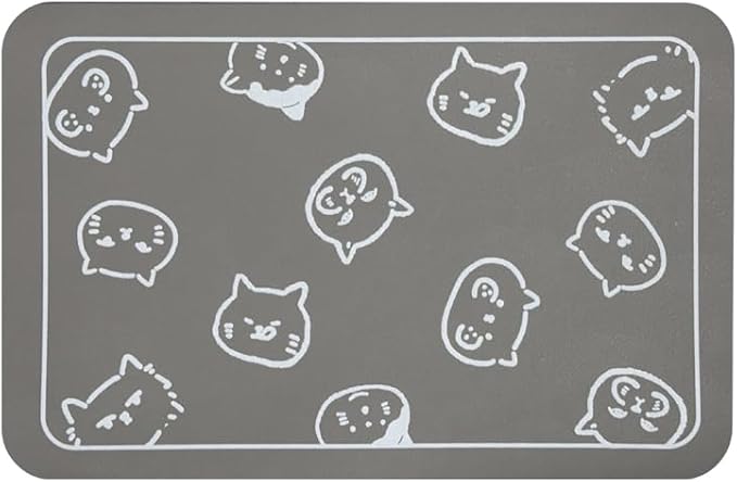 YCT Cat Food Mat, Cat Mat for Food and Water, Pet Feeding Mat, Non-Slip Super Absorbent, with Multiple cat Heads Logo, 24 x 16.9 inches, Light Grey