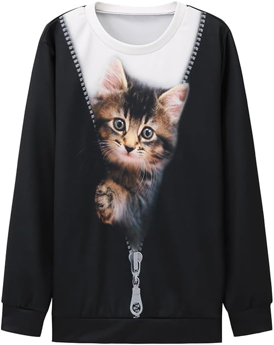 ShallWe Women's Active Sweatshirts Cute Cat Pullover Crewneck Lightweight shirts Novelty Casual Tunics Tops Fashion Spring Black