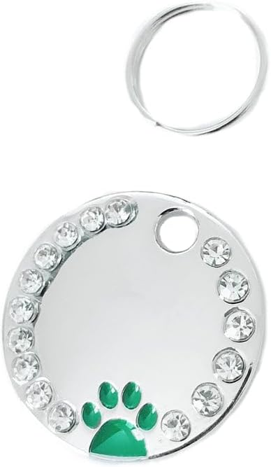 Personalized Dog/Cat Cute Paw Pet ID Tag for Pet Collar or Key Chain - Custom Laser Engraved Unique Dog/cat Name tag with Phone Number (Green, Crystals Round-Small)