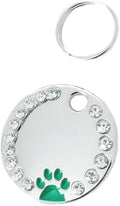 Personalized Dog/Cat Cute Paw Pet ID Tag for Pet Collar or Key Chain - Custom Laser Engraved Unique Dog/cat Name tag with Phone Number (Green, Crystals Round-Small)