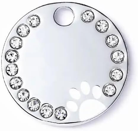 Personalized Dog/Cat Cute Paw Pet ID Tag for Pet Collar or Key Chain - Custom Laser Engraved Unique Dog/cat Name tag with Phone Number (White, Crystals Round-Small)