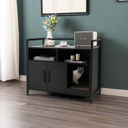Giantex Cat Litter Box Enclosure - Cat Washroom Hidden Furniture with Front Entry, Scratcher, 2-Door Storage Cabinet, 2 Compartments, Air Vents, Metal Frame, Wooden Pet Crate House (Black)