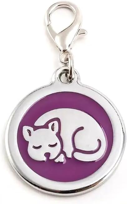 Personalized Pet ID Tags for Kittens and Cats - Custom cat Name tag and ID tag for Collar (Purple, Sleeping Cat Round-Small)