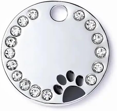 Personalized Dog/Cat Cute Paw Pet ID Tag for Pet Collar or Key Chain - Custom Laser Engraved Unique Dog/cat Name tag with Phone Number (Black, Crystals Round-Small)