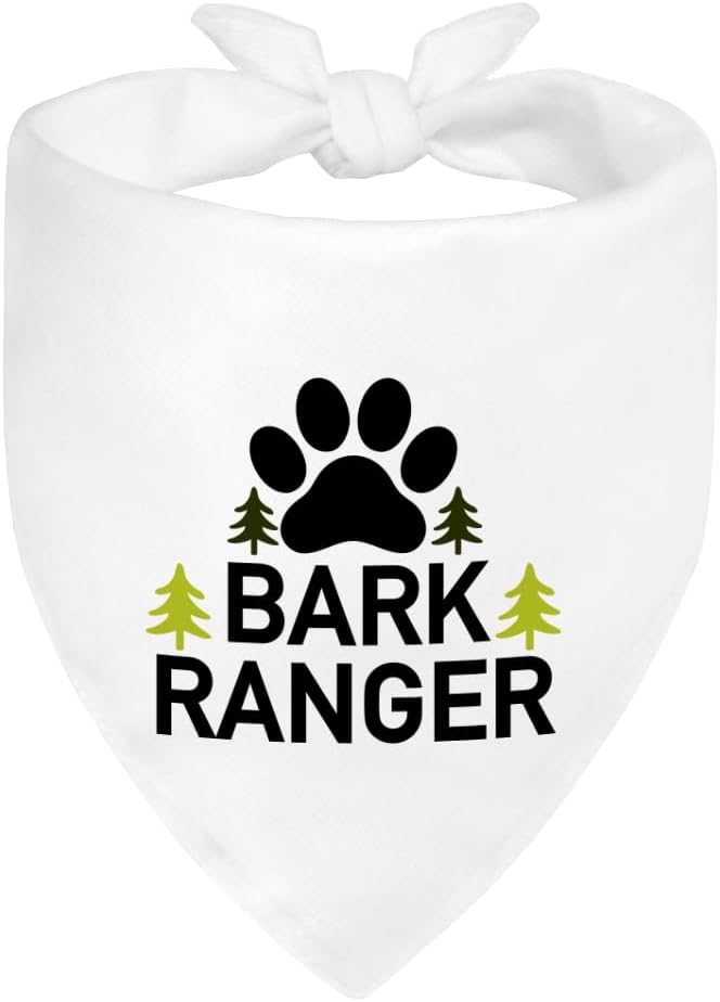 Bark Ranger White Dog Bandana, Funny Gifts for Dog Lover Mom Dad, Puppy Scarf Photo Prop for Explore Outdoor Adventure Hiking Camping Mountain, Gifts for Ranger, Pet Scouts Bandana