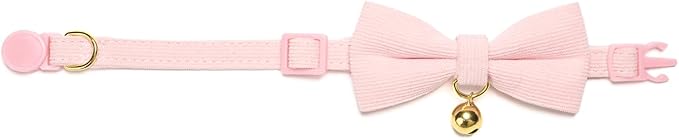 Soft Corduroy Cat Collar with Bell and Bowtie, Safety Breakaway Clasp, Adjustable for Kitten and Cats Pink Color.
