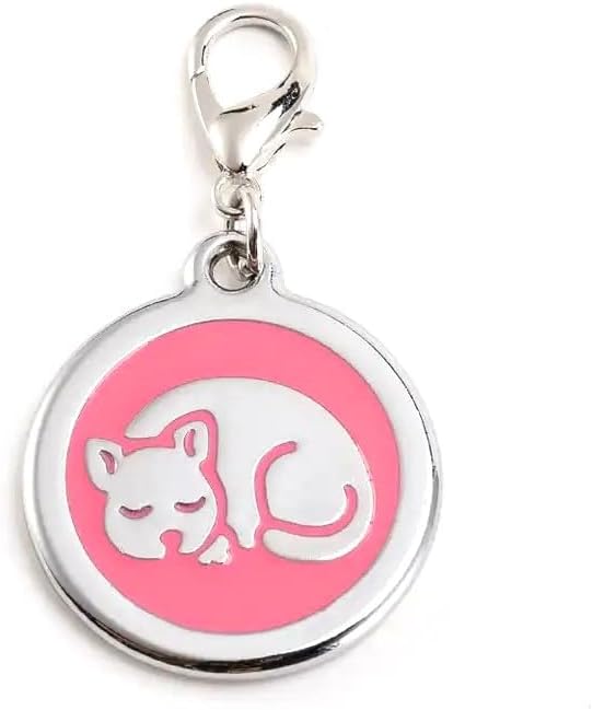 Personalized Pet ID Tags for Kittens and Cats - Custom cat Name tag and ID tag for Collar (Pink, Sleeping Cat Round-Small)