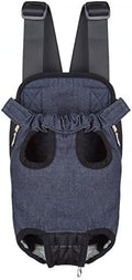 Pet Dog Puppy Cat Carrier Five Holes Backpack Double Shoulder Straps Denim Front Chest Backpack Bag, L, Blue