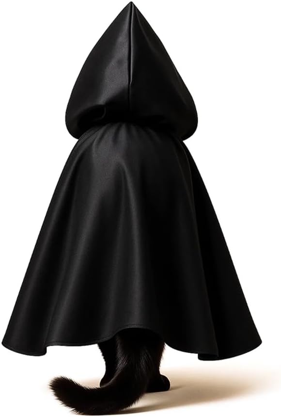 Black Cat Cloak with Hood for Indoor Cats, Funny Superhero Cosplay Halloween Costume for Pets, Cute Cape for Party Photos and Dress-Up – Big/Middle Size (Black)