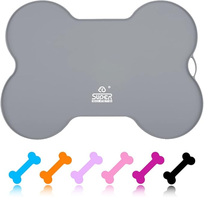 Super Design Dog Food Mat Dog Bowl Tray for Food and Water, Silicone Non-Spill Waterproof Pet Feeding Mat Puppy Placemat Easy-Clean, 20.5" x 14.5", Grey