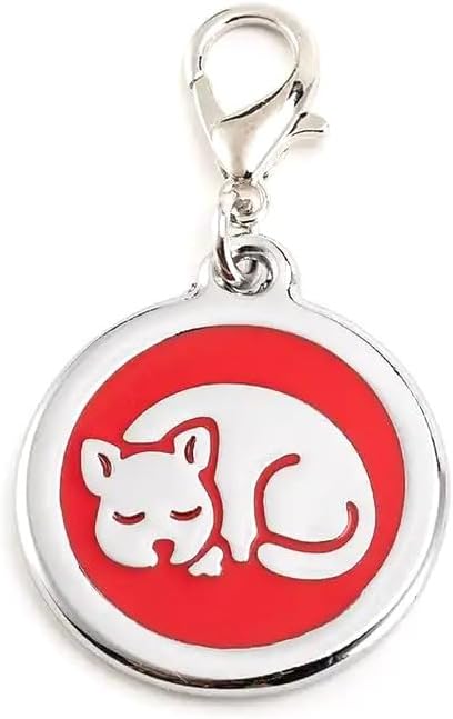Personalized Pet ID Tags for Kittens and Cats - Custom cat Name tag and ID tag for Collar (Red, Sleeping Cat Round-Small)