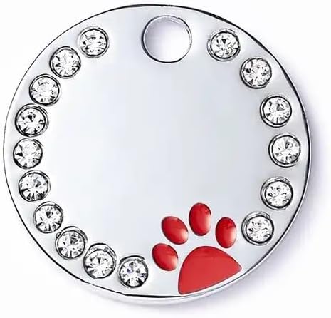 Personalized Dog/Cat Cute Paw Pet ID Tag for Pet Collar or Key Chain - Custom Laser Engraved Unique Dog/cat Name tag with Phone Number (Red, Crystals Round-Small)