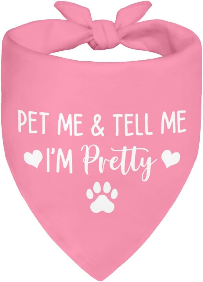 Pet Me & Tell Me I'm Pretty Pink Dog Bandana, Cute Adjustable Scarf for Pretty Puppy, Funny Photo Prop Accessories Decoration for Female Dog, for Puppy Owner Pet Lover