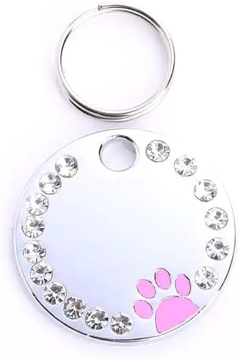 Personalized Dog/Cat Cute Paw Pet ID Tag for Pet Collar or Key Chain - Custom Laser Engraved Unique Dog/cat Name tag with Phone Number (Pink, Crystals Round-Small)