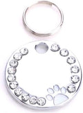 Personalized Dog/Cat Cute Paw Pet ID Tag for Pet Collar or Key Chain - Custom Laser Engraved Unique Dog/cat Name tag with Phone Number (White, Crystals Round-Small)