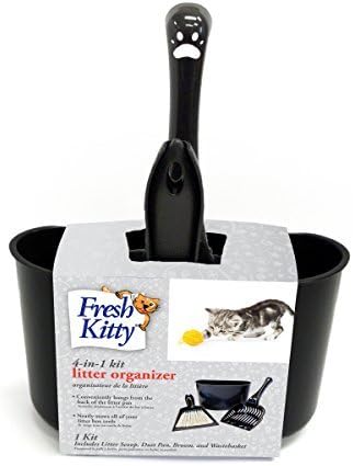 Fresh Kitty 4-in-1 Litter Box Organizer Cleanup Kit – Cat Litter Box Cleaning Supplies – Sweeper & Dustpan, Scooper, Storage Caddy, Black