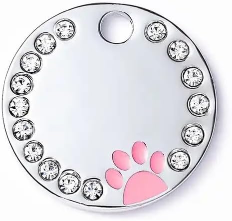 Personalized Dog/Cat Cute Paw Pet ID Tag for Pet Collar or Key Chain - Custom Laser Engraved Unique Dog/cat Name tag with Phone Number (Pink, Crystals Round-Small)
