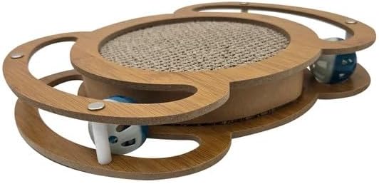 Cat Scratcher Interactive Toy, 12 x 8.6 inch Wooden Scratching Board with Jingle Balls, Indoor Cat Activity Center