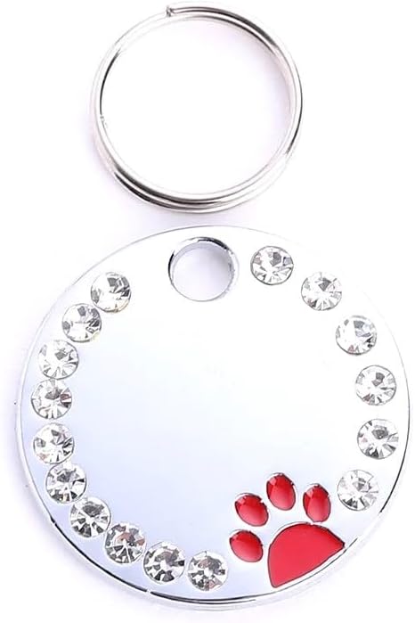 Personalized Dog/Cat Cute Paw Pet ID Tag for Pet Collar or Key Chain - Custom Laser Engraved Unique Dog/cat Name tag with Phone Number (Red, Crystals Round-Small)