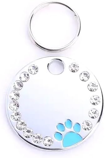 Personalized Dog/Cat Cute Paw Pet ID Tag for Pet Collar or Key Chain - Custom Laser Engraved Unique Dog/cat Name tag with Phone Number (Blue, Crystals Round-Small)