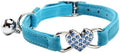 CHUKCHI Pink Soft Velvet Safe Cat Adjustable Collar with Crystal Heart Charm and Bells 8-11 Inches (Blue)