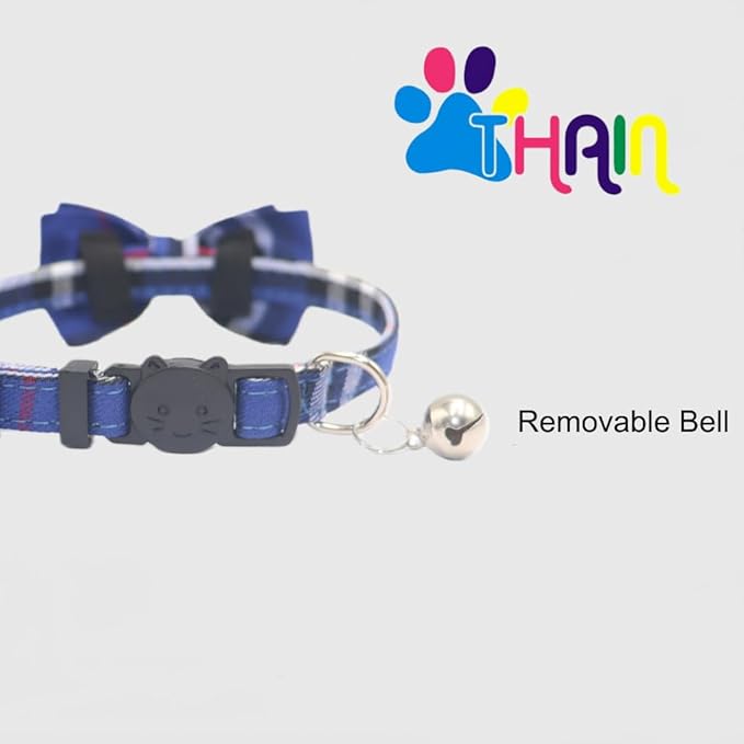 THAIN Cat Collar Breakaway with Bell and Bow Tie Safety Buckle Blue Plaid Pattern Adjustable 7-11 inches for Kitten Cats(Blue Plaid)