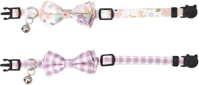 2 Pack/Set Cat Collar Breakaway with Cute Bow Tie and Bell Plaid Flower for Kitty Adjustable Safety