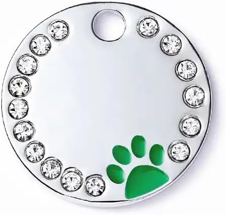 Personalized Dog/Cat Cute Paw Pet ID Tag for Pet Collar or Key Chain - Custom Laser Engraved Unique Dog/cat Name tag with Phone Number (Green, Crystals Round-Small)