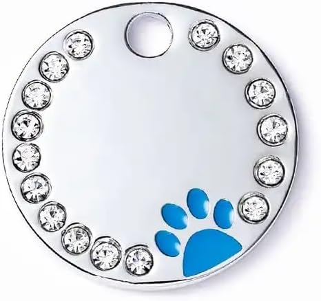 Personalized Dog/Cat Cute Paw Pet ID Tag for Pet Collar or Key Chain - Custom Laser Engraved Unique Dog/cat Name tag with Phone Number (Blue, Crystals Round-Small)