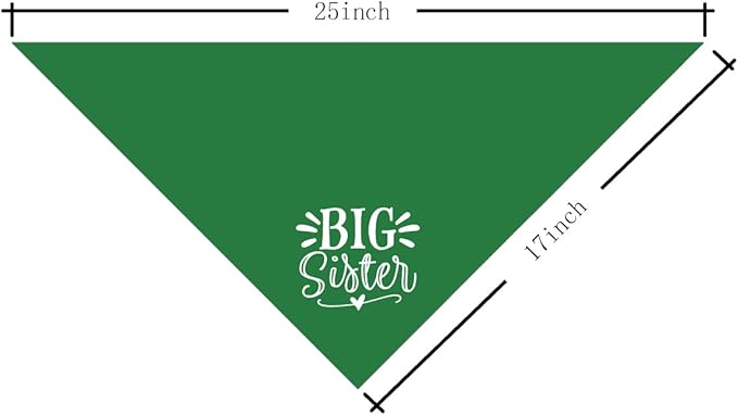 Big Sister Dog Bandana, Green, Triangle, 25 x 17 Inches, Flannel, Comfortable, Water Resistant, Geometric Pattern, Baby Shower, Unisex, Medium Dog Size, V-Neck, Machine Washable