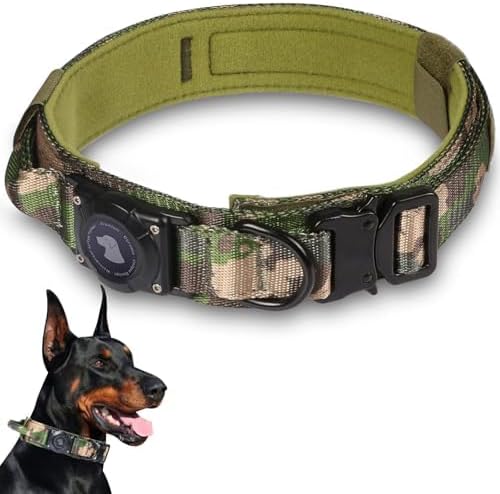2026 Upgrade Waterproof AirTag Dog Collar, Military Tactical Dog Collar with AirTag Holder, Comfortable Control Handle and Metal Buckle, GPS Dog Collar Holder for Medium to Large Dogs (Camouflage, XL)