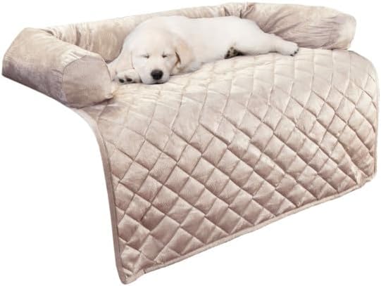 Couch Cover for Dogs - 35x35 Pet Furniture Protector with Memory Foam Neck Bolster, Quilted Fabric, and Water-Resistant Base Layer by PETMAKER (Beige