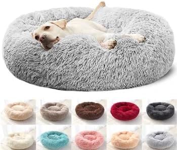 Original Calming Donut Dog and Cat Bed in Shag Fur, Dog Beds for Large Dogs, Anti Anxiety Round Fluffy Plush Faux Fur Pet Bed (40'' x 40'')