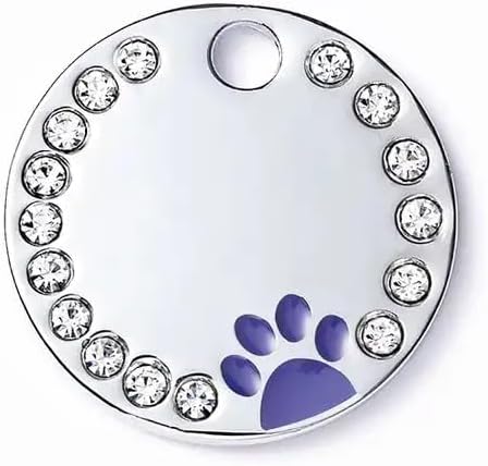 Personalized Dog/Cat Cute Paw Pet ID Tag for Pet Collar or Key Chain - Custom Laser Engraved Unique Dog/cat Name tag with Phone Number (Purple, Crystals Round-Small)
