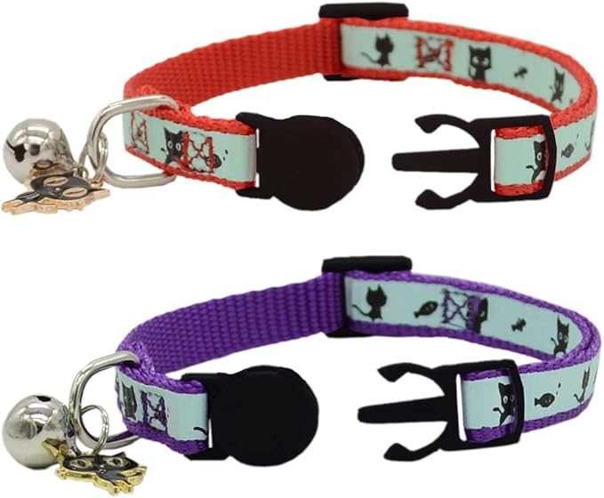 2 Pack Glow in The Dark Cat Collar with Bell Breakaway Safety Cat Puppy Collars with Pendant Red and Purple