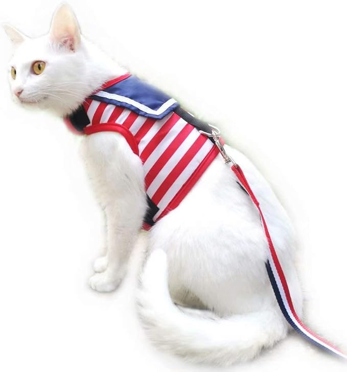Cat Harness and Leash for Walking Escape Proof, Adjustable Cat Vest Harness, Padded Stylish Cat Walking Jackets, Sailor Suit Red, Medium