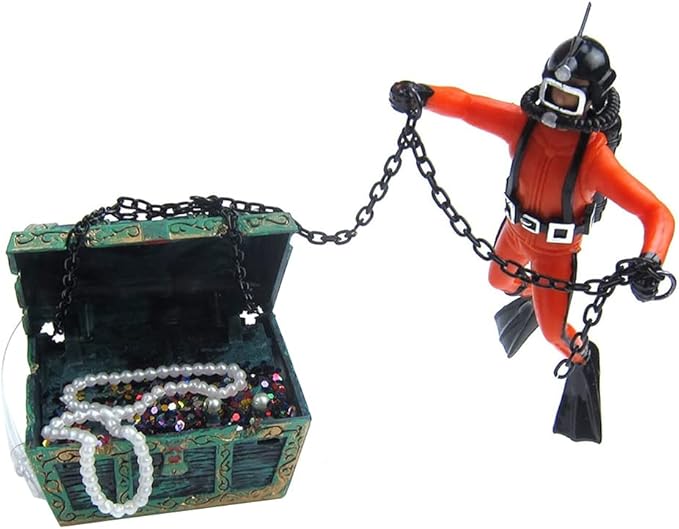 Live-Action Aquarium Ornament Creative Undersea Treasure Chest Diver Air Bubbler Aerating for Fish Tank Decorations Orange Color