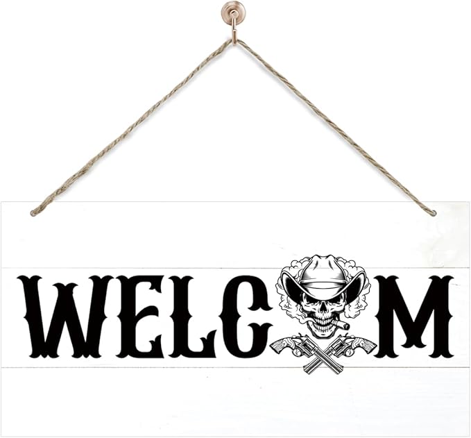 Welcome Sign for Front Door, Welcome Decor Wooden Hanging Sign for Wall Decor, CowBoy Skeleton Pattern Hanging Signs, Funny Wooden Outdoor Front Door Decoration 13.8X6.9 inches