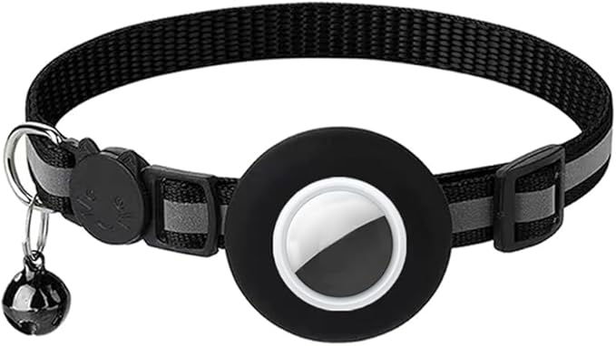 Breakaway AirTag Cat Collar with Reflective Strip, Compatible with AirTag – Lightweight and Adjustable Kitten Collar for Boy and Girl Kittens, Includes Safety Release Buckle and Bell (Black)